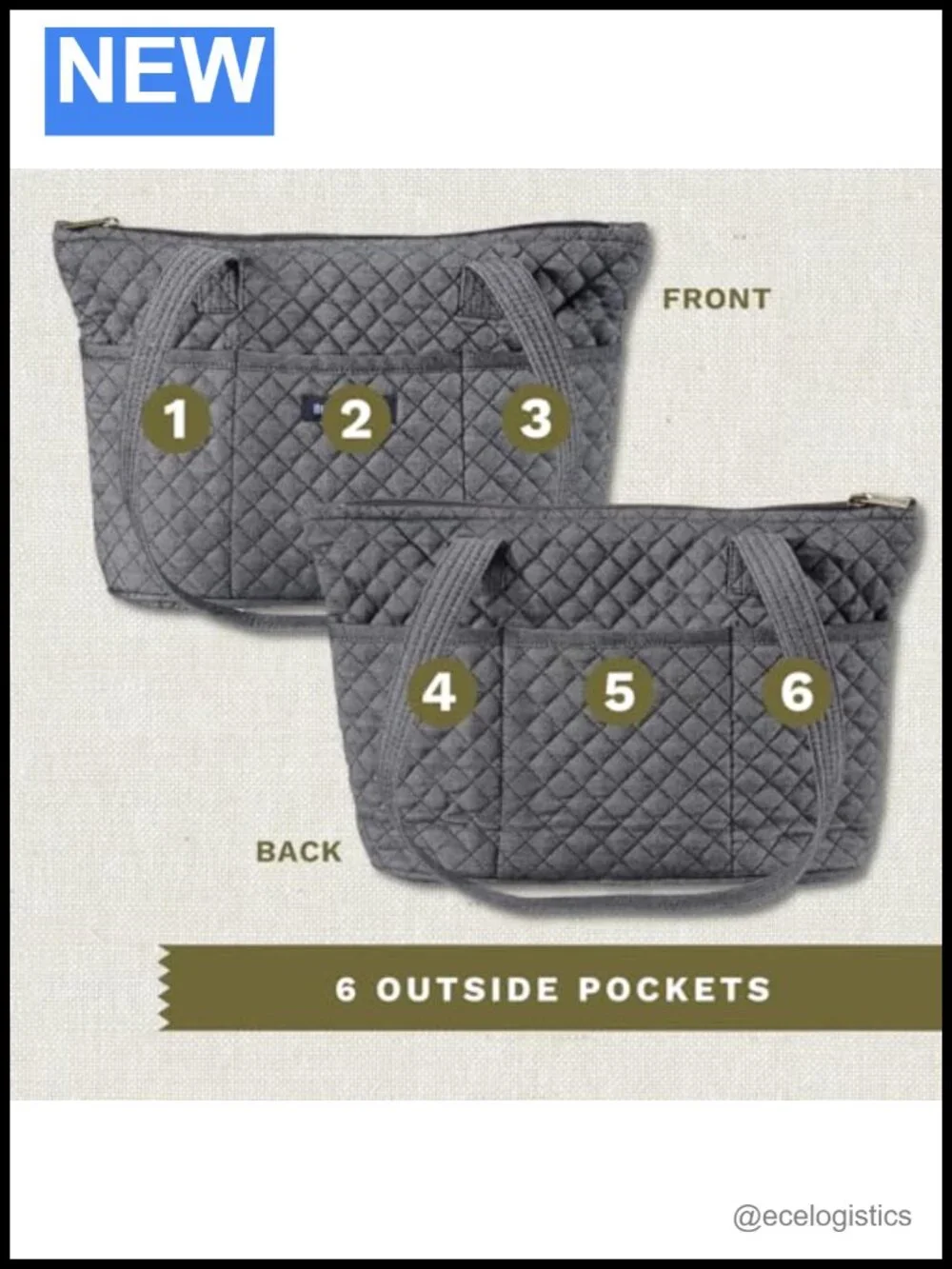 Quilted Small Tote Shoulder Bag for Women, Cotton, 10 Pockets, Machine Washable